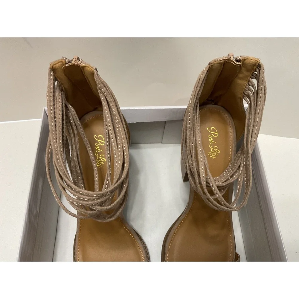 Pink Lily Brammer-108 Taupe Suede PU Block Heel Ankle Wrap Sandals Womens10 Sh10